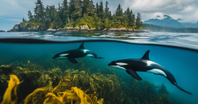 Orcas swimming close to shore