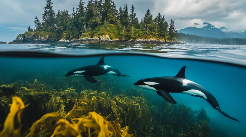 Orcas swimming close to shore