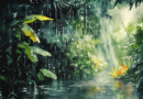 Rain falling in a lush tropical forest