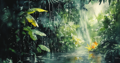 Rain falling in a lush tropical forest