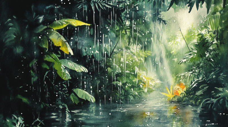 Rain falling in a lush tropical forest
